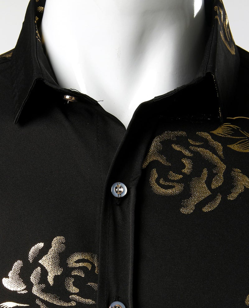 ZEROYAA Men's 3D Golden Rose Printed Slim Fit Long Sleeve Button Down Floral Dress Shirts ZZCL30 Black Gold Large - Image 3